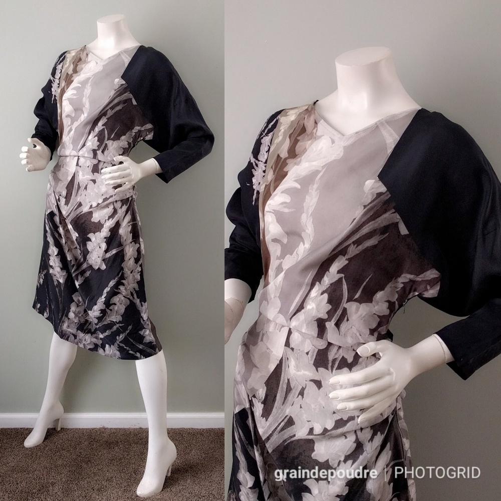 Dries Van Noten Silk Gray Floral Dolman Dress 38 S